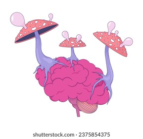 Hongos parasitarios alucinógenos que crecen en el concepto de ilustración lineal 2D cerebral. Fungus amanita muscaria afectando el objeto de dibujos animados de la mente aislado en blanco. Gráfica abstracta de vector plano de metáfora