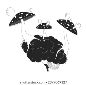 Hongos parasitarios alucinógenos que crecen sobre el concepto de ilustración 2D en blanco y negro del cerebro. Fungus amanita muscaria que afecta al objeto de contorno de dibujos animados de la mente aislado en blanco. Arte vectorial monocromo metáfora