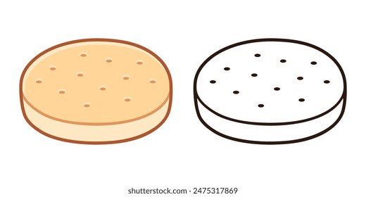 Hallulla, traditional Chilean bread. Color drawing and black and white line icon. Simple vector illustration. 