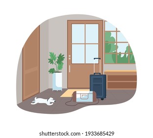 Hallway with baggage for family trip 2D vector web banner, poster. Apartment interior. Home hall flat scene on cartoon background. Corridor with luggage printable patch, colorful web element