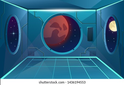 Hallway with big porthole in spaceship. Moon and mars planet in viewport. Futuristic interior room. Background for games and mobile applications. Vector cartoon background