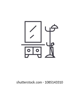hallway, clothing rack with a mirror vector line icon, sign, illustration on background, editable strokes