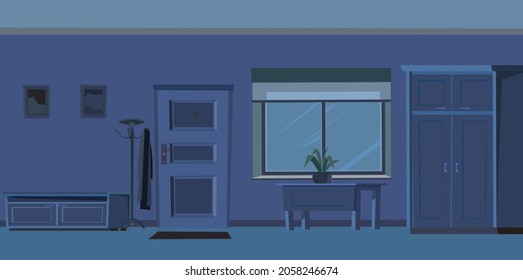 Hallway Door. Cozy Room In A Residential Building At Night. Wall And Window. Furniture In The Interior. Darkness. Illustration Cartoon Style Flat Design. Vector.