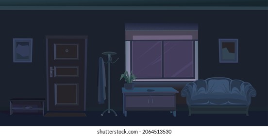 Hallway Door And Window. Cozy Room In A Residential Building At Night. Furniture In The Interior. Darkness. Illustration Cartoon Style Flat Design. Vector.