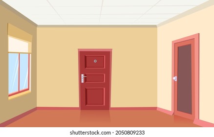 Hallway doors. Empty hallway to the home. New house. Clean room after renovation. Door and window. Illustration cartoon style flat design. Vector.