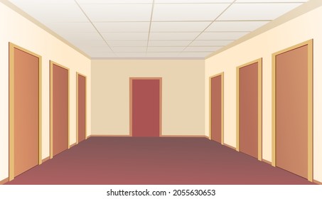 Hallway doors. Empty premises in the building. Many offices or rooms. Light interior. Illustration cartoon style flat design. Vector