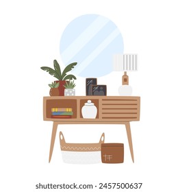 Hallway with furniture and home decor. Domestic entrance scene. Residential corridor interior concept design. Coffee table with plants and lamp. Housing hand drawn flat vector illustration isolated