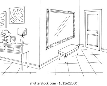 Hallway graphic black white home interior sketch illustration vector