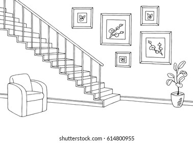 Hallway graphic stairs black white interior sketch illustration vector