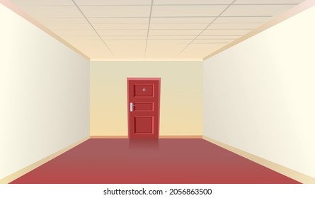 Hallway house. Empty hallway in the building. One door at the end of the room. Light interior. Illustration cartoon style flat design. Vector.