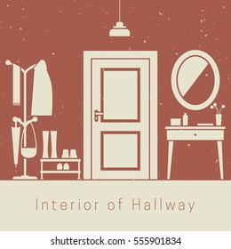 Hallway interior with white silhouette of furniture. Vector illustration.