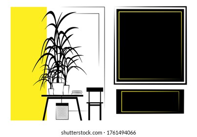 Hallway interior with wood panel and potted plant. 
