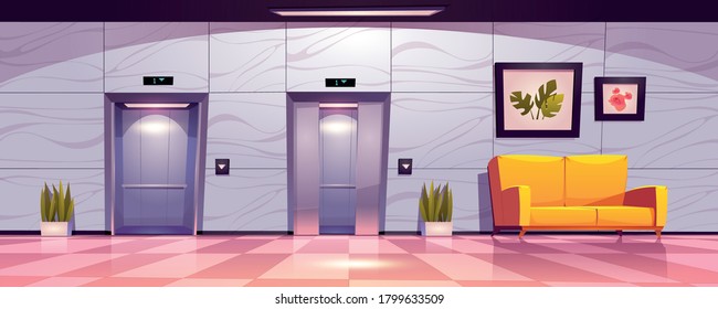 Hallway With Lift Doors, Empty Lobby Interior With Couch, Slightly Ajar And Open Elevator Gates. Office Or Hotel With Passenger Cabins, Button Panel And Floor Indicator, Cartoon Vector Illustration