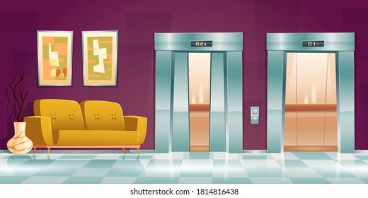 Hallway with lift doors, empty lobby interior with couch, slightly ajar and open elevator gates. Office or hotel with passenger cabins, button panel and floor indicator, Cartoon vector illustration
