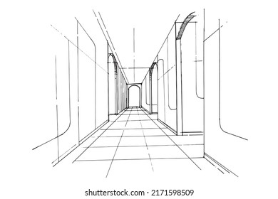 hallway line drawing, modern design, vector, 2d illustration