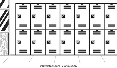 Hallway lockers black and white line illustration. Combination locks school hall 2D interior monochrome background. Student belongings storage metal. Highschool corridor outline vector image