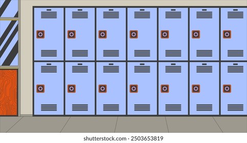 Hallway lockers cartoon flat illustration. Combination locks school hall 2D interior colorful background. Student belongings storage metal. Highschool corridor scene vector storytelling image