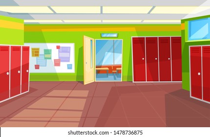 Hallway with lockers and tables with info vector, classroom with open doors. Interior of school corridor and rooms, view from inside 3d isometric. Back to school concept. Flat cartoon