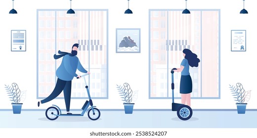 Pasillo en edificio de oficinas. Gente de negocios monta en modernas bicicletas ecológicas. Transporte ecológico y personajes humanos de moda. Interior de dibujos animados con muebles. Ilustración vectorial de moda plana