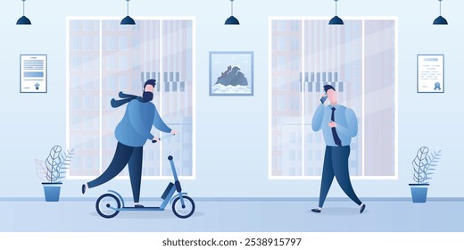 Pasillo en edificio de oficinas. Gente de negocios en varias poses. Hombre de negocios montando una moto. Guapos personajes masculinos. Interior de dibujos animados con muebles. Ilustración vectorial plana de moda