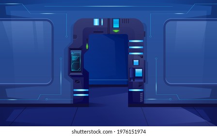 Hallway with open blue door in futuristic style. Spaceship Interior.Background for games and mobile applications. Vector cartoon background