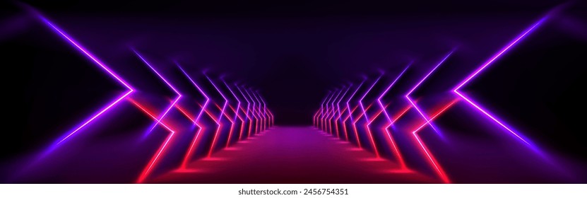 Interior de la sala del pasillo con luz de flecha de neón en las paredes y reflejos en el suelo. Fondo 3D realista con el camino y las lámparas luminosas. Abstractas bg futurista con perspectiva túnel de resplandor eléctrico.