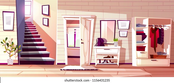 Hallway room interior vector illustration of retro apartment corridor or store entrance with furniture. Cartoon flat wardrobe background with store compartments and shelf for clothes, bag and umbrella