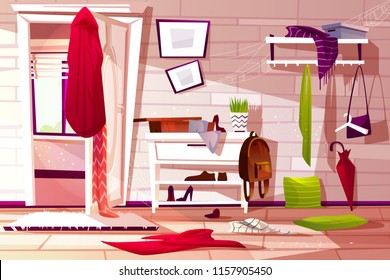 Hallway room messy interior vector illustration of retro apartment corridor or store entrance clutter. Cartoon wardrobe with store compartments and clothing scattered on floor and dusty web on shelf