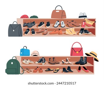 Gabinete De Asiento Del Pasillo Con Zapatos Aislados. Asiento de entrada con calzado, bolsos y sombreros. Colección de calzado para hombre y mujer. Diferentes accesorios masculinos y femeninos. Ilustración vectorial plana de dibujos animados