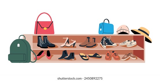 Hallway Seat Cabinet With Shoes Isolated. Foyer Entrance Seat with Footwear, Bags and Hats. Men and Woman Footwear Collection. Different Male and Female Accessories. Cartoon Flat Vector Illustration