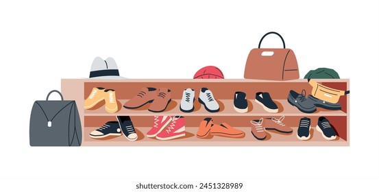 Gabinete De Asiento Del Pasillo Con Zapatos Aislados. Asiento de entrada con calzado, bolsos y sombreros. Colección de calzado para hombre y mujer. Diferentes accesorios masculinos y femeninos. Ilustración vectorial plana de dibujos animados