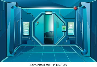 Hallway in spaceship with open door and camera . Futuristic interior room. Background for games and mobile applications. Vector cartoon background