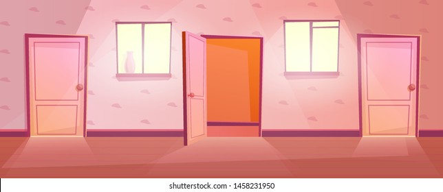 Hallway with windows and open door. Rooms in hotel corridor. Cartoon interior.