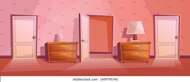 Hallway with windows and open door. Rooms in hotel corridor with nightstand, lamp and vase. Cartoon interior.