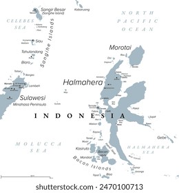 Halmahera, isla en Indonesia, mapa político gris. La más Grande de las Molucas, o Islas Maluku, y parte de la provincia de Maluku del Norte. Con Morotai, las Islas Bacán y una parte de Sulawesi del Norte.