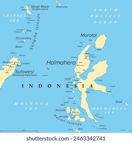 Halmahera, isla en Indonesia, mapa político. Grande isla de las Molucas, o también Islas Maluku, y parte de la provincia de Maluku del Norte. Con Morotai, las Islas Bacán y una parte de Sulawesi del Norte.