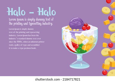 Halo halo es un postre dulce frío. Un postre muy sabroso en Filipinas. Postre con frutas mezcladas en un fondo morado. Ilustración vectorial.