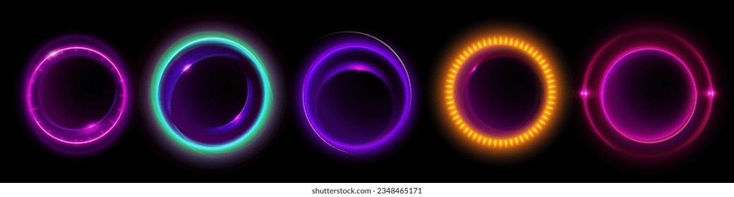 Halo flare light with neon circular glow 3d vector set. Ring speed sphere portal with abstract energy line shine. Isolated placeholder frame in purple and pink collection. Vibrant edm optical ball