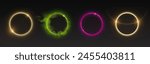 Halo light effects set isolated on transparent background. Vector realistic illustration of neon yellow, green, pink rings glowing in darkness, round energy swirl in cloud of gas, shimmering particles