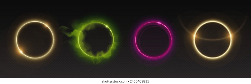 Halo light effects set isolated on transparent background. Vector realistic illustration of neon yellow, green, pink rings glowing in darkness, round energy swirl in cloud of gas, shimmering particles