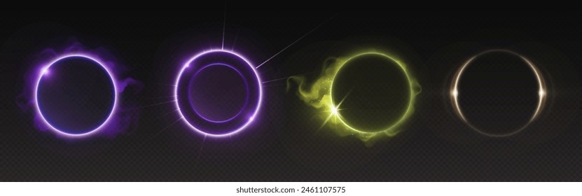 Halo light ring with neon flare glow effect vector. 3d abstract circular magic portal. Shine radial speed line design. Round space ball with spiral aura edge motion for nightclub party digital graphic