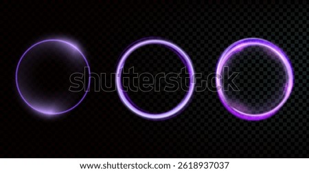 Halo light space rings. Circle purple neon light flare set. Circular glow portal effect. Realistic vector round frames on dark background. Radial violet orb abstract element. Current energy symbols.
