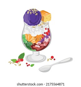 Halo Halo or traditional shaved ice, milk with various fruits and sweet beans.Filipino traditional dessert halo halo vector illustration isolated on white background.Sweet food 