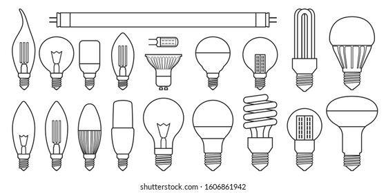 Halogen bulb line vector set icon. Illustration of isolated line icon halogen of light lamp. Isolated set electric and fluorescent bulb.
