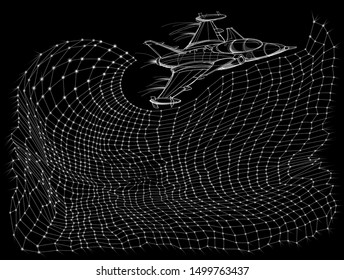 Halogen of futuristic spaceship traveling in space between stylized deep neural networks. Background for high tech digital technology. Print for scientific research. Black and white vector image.