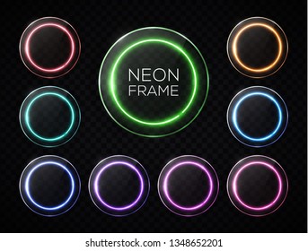 Leuchtbanner-Set für Halogen- oder LED-Lampen. Farbige Neon-helle Rahmen mit Glasplatten Sammlung auf transparentem Hintergrund. Die elektrische Technologie grenzt an. Vektorillustration Design-Elemente-Paket-Illustration