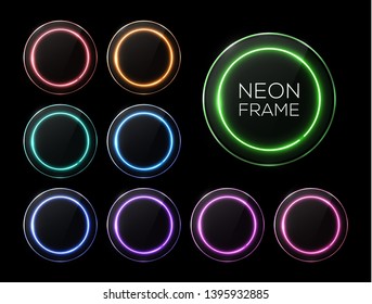 Halogen or led lamp glowing banners set. Colorful neon light circle frames with glass plates collection on black background. Electric technology round borders. Design elements pack vector illustration