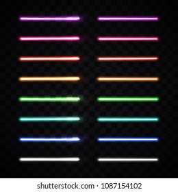 Halogen or led light lamp elements pack for night party or game design. Neon brushes set. Colorful glowing lines or borders collection isolated on transparent background. Color vector illustration