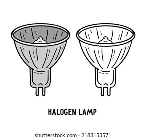 Halogen tungsten lamp, incandescent light bulb icon, vector linear illustration in doodle sketch hand drawn style