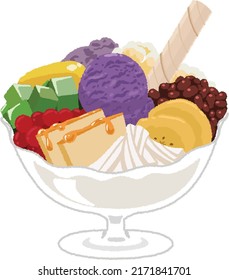 Halo-halo is a Filipino dessert. Based on shaved ice and milk, a wide variety of ingredients such as fruits, sweetly boiled beans, ice cream, jelly, tapioca, etc. are used.